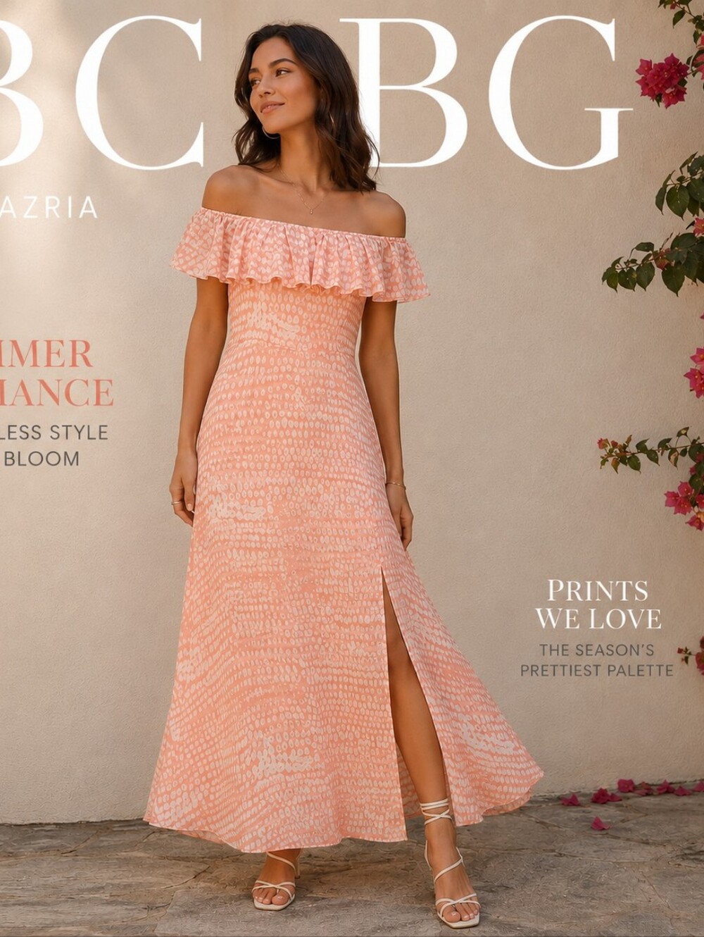 BCBG PARIS Off the Shoulder Sandy Dot Flowy Maxi dress Coral pink Size …